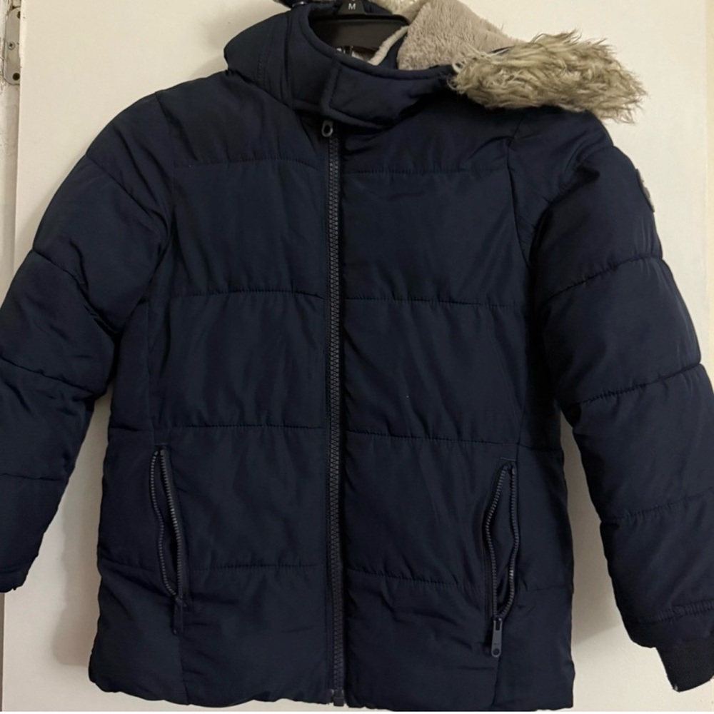 Abercrombie Kids Navy Puffer Jacket with Faux Fur Hood